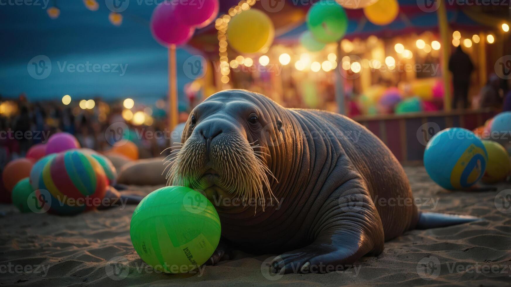 A walrus rests on the beach with colorful balls and festive lights in the background. photo