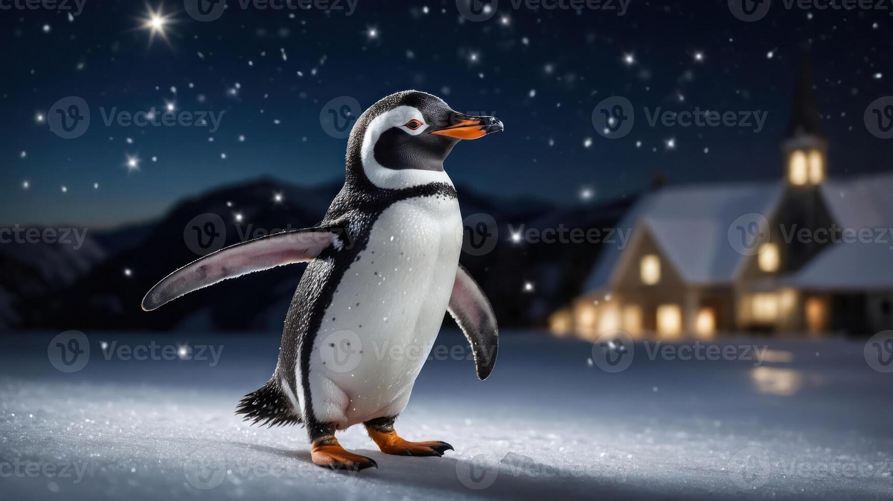 A penguin stands in a snowy landscape under a starry sky, near a cozy house. photo