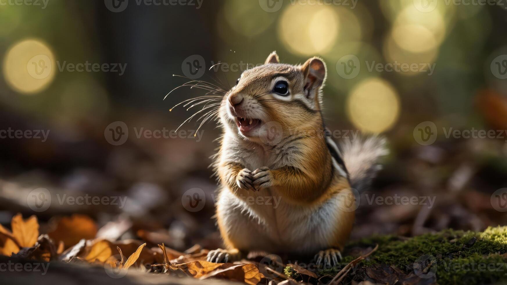 A chipmunk stands on the forest floor, surrounded by leaves and soft, blurred background light. photo