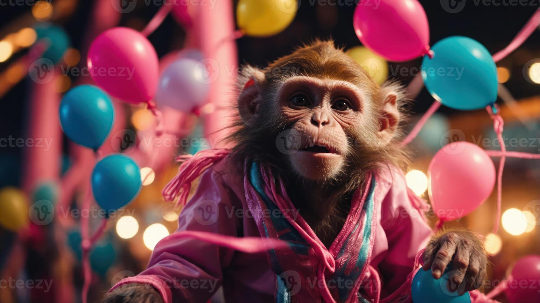 A playful monkey dressed in a colorful outfit amidst festive balloons and lights. photo