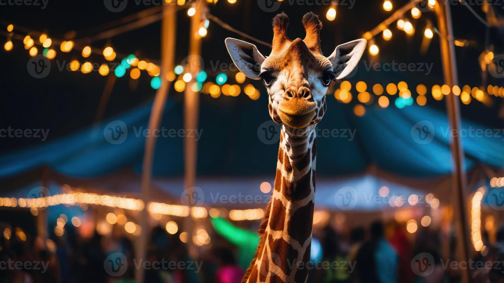 A giraffe stands amidst a festive atmosphere with string lights and a crowd in the background. photo
