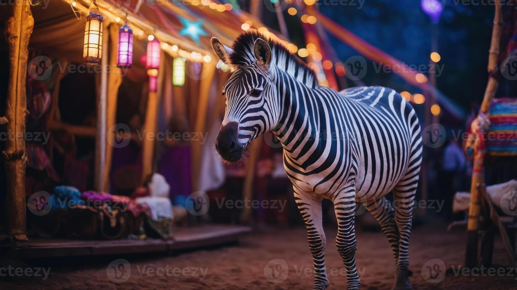 A zebra stands in a vibrant, illuminated setting with tents and colorful decorations. photo