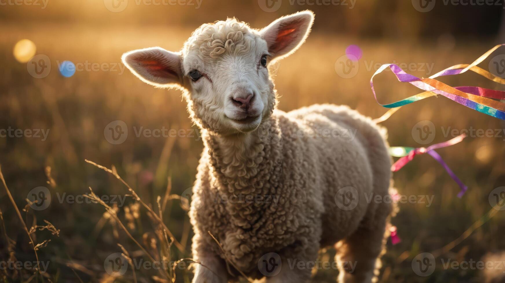 A playful lamb in a sunlit field with colorful ribbons. photo