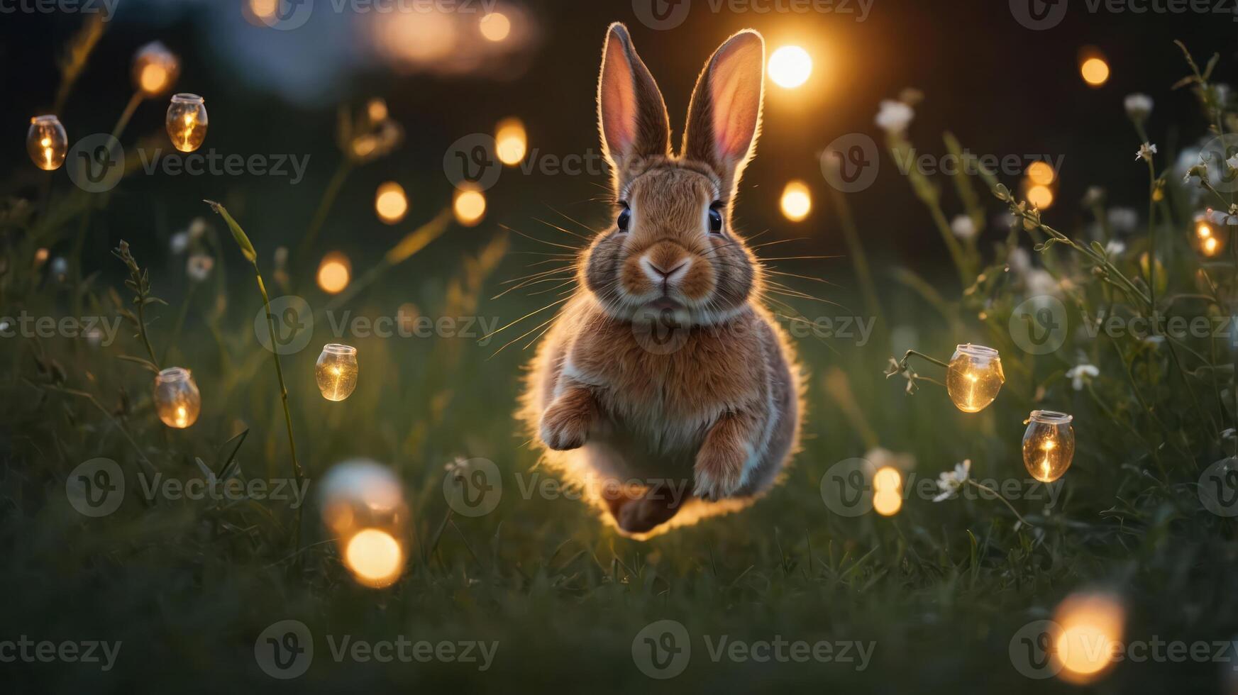 A rabbit leaps through a grassy field illuminated by glowing jars at sunset. photo