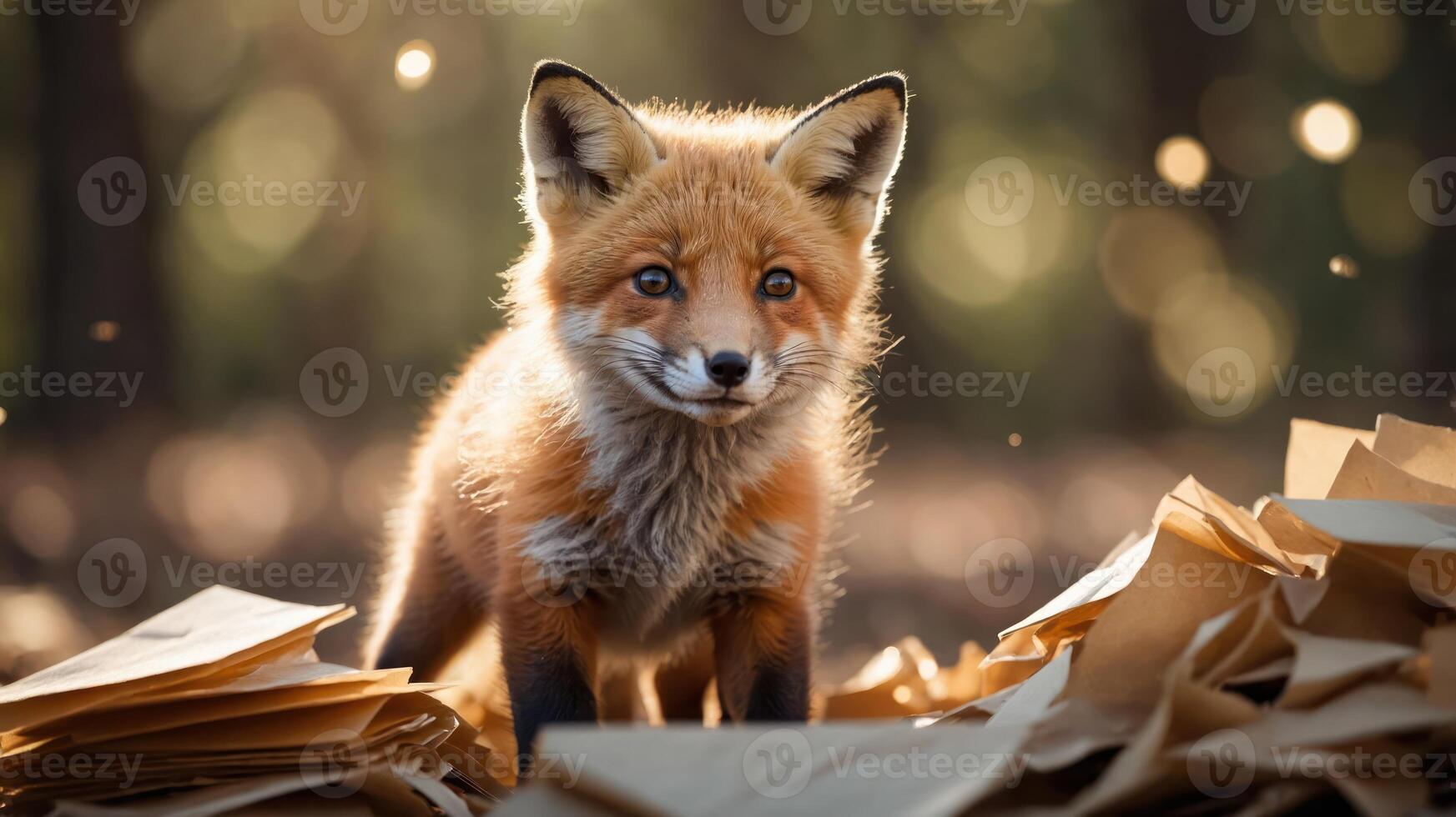 A curious fox stands amidst scattered papers, illuminated by soft, natural light. photo