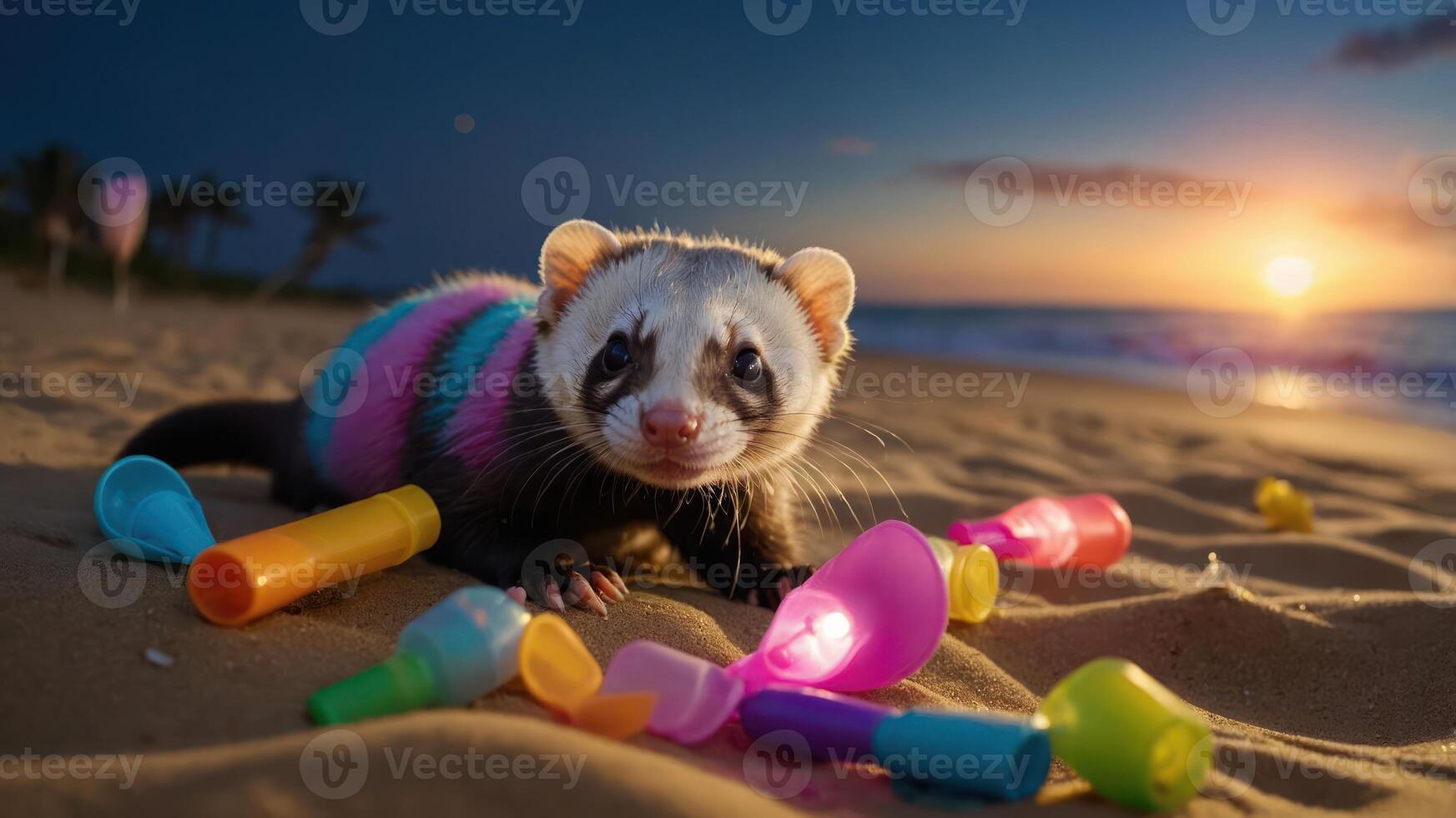 A playful ferret wearing a colorful sweater on a beach at sunset surrounded by plastic cups. photo