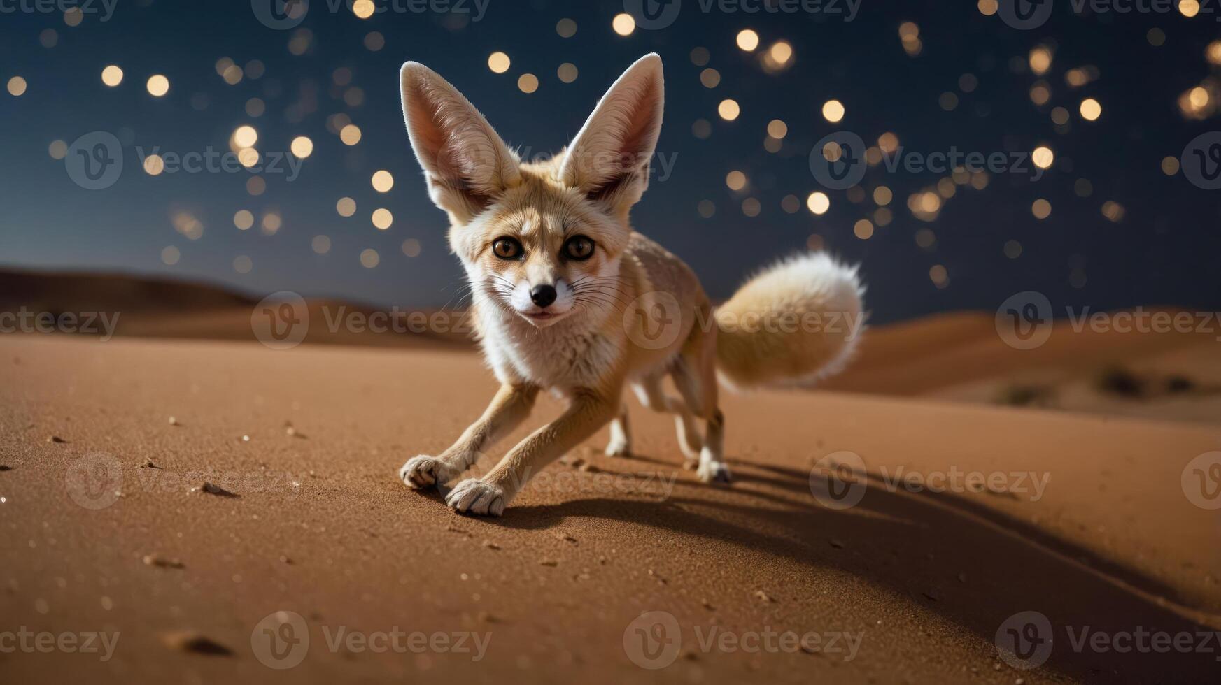 A fennec fox running in a desert under a starry sky, showcasing its unique features. photo