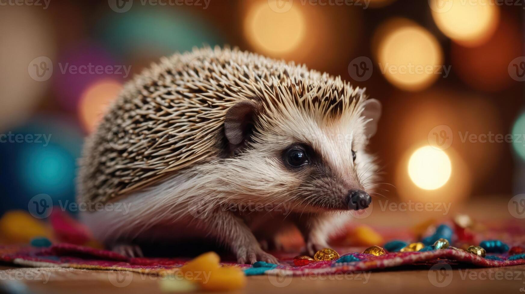 A close-up of a hedgehog on a colorful surface with festive bokeh lights in the background. photo