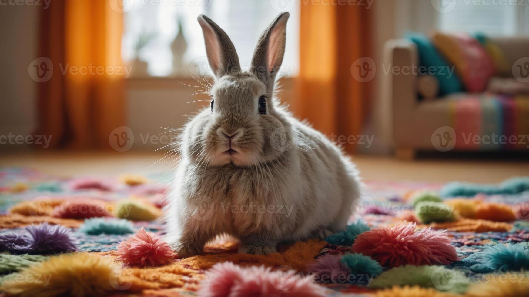 A fluffy rabbit sits on a colorful, textured rug in a cozy indoor setting. photo