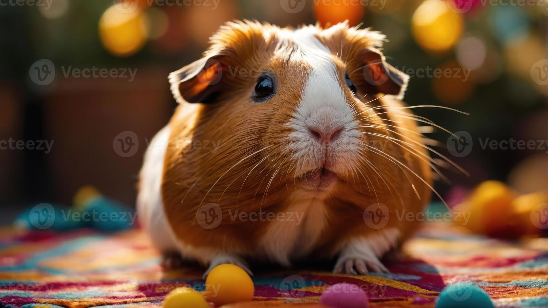 A close-up of a guinea pig surrounded by colorful eggs on a decorative mat. photo