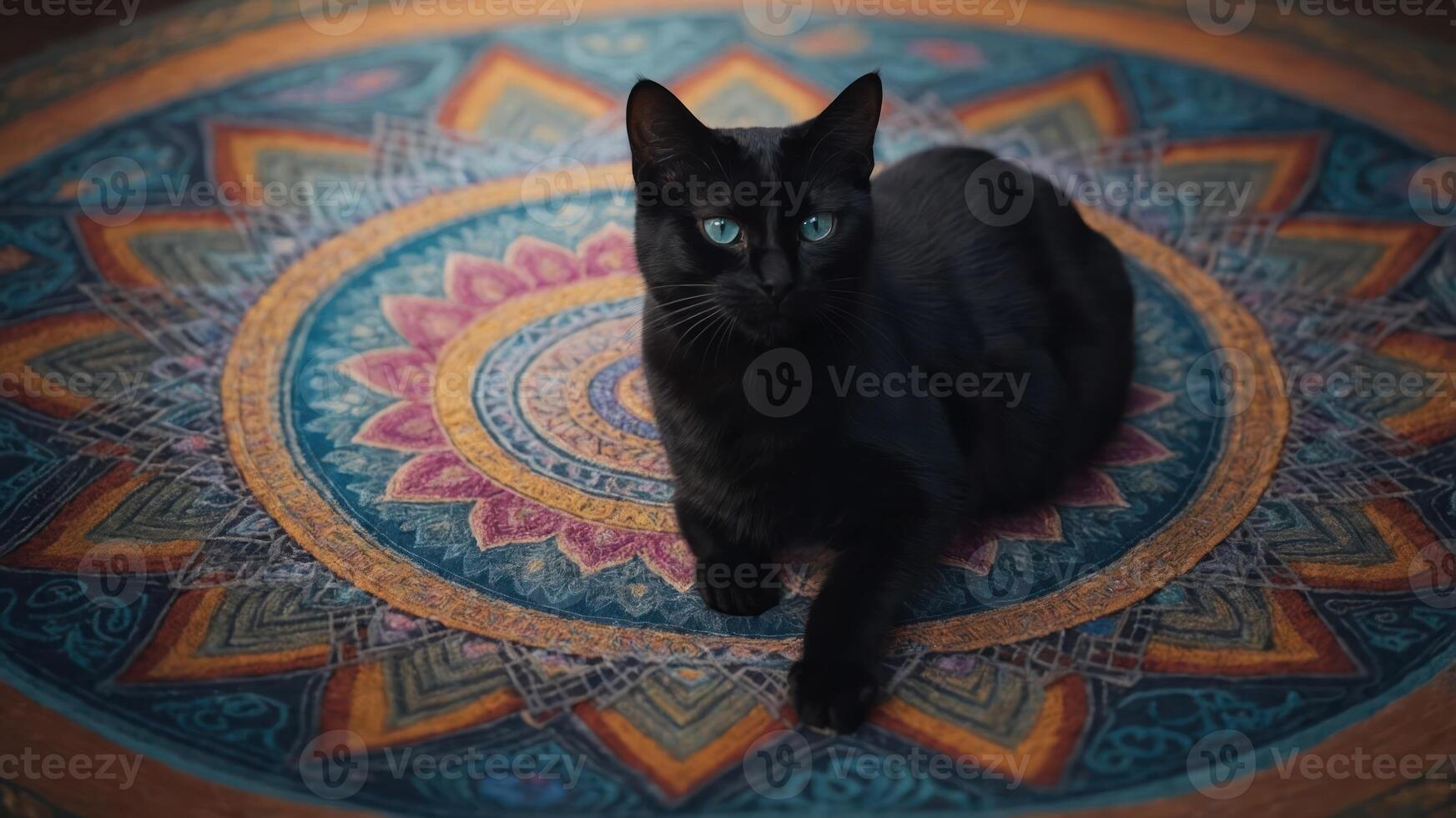 A black cat resting on a colorful mandala-patterned surface. photo