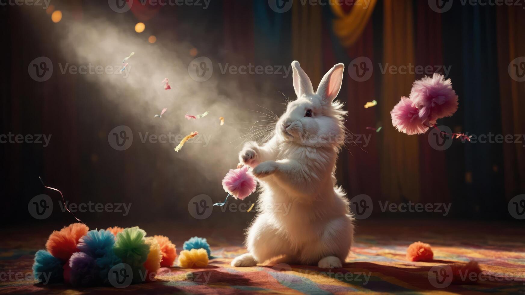 A playful rabbit interacts with colorful pom-poms in a festive circus setting. photo