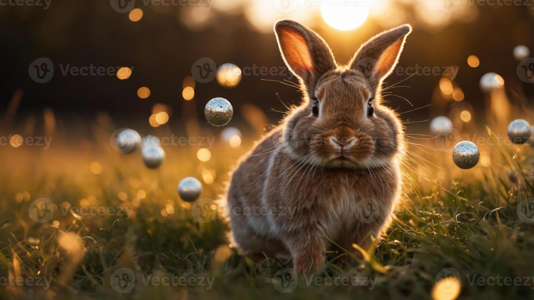 A rabbit in a sunlit field surrounded by floating orbs, creating a whimsical atmosphere. photo