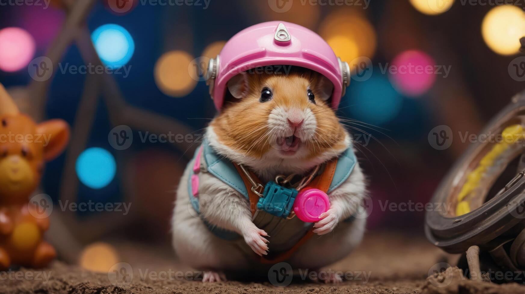 A cute hamster wearing a pink helmet and outfit, surrounded by colorful lights and toys. photo