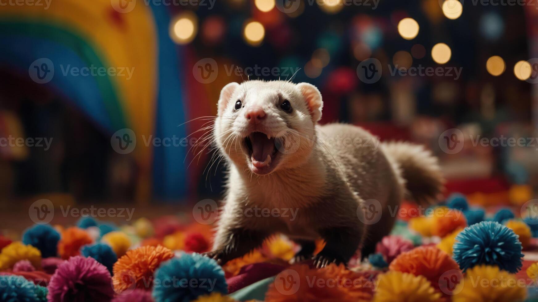 A playful ferret on colorful pom-poms in a festive setting. photo