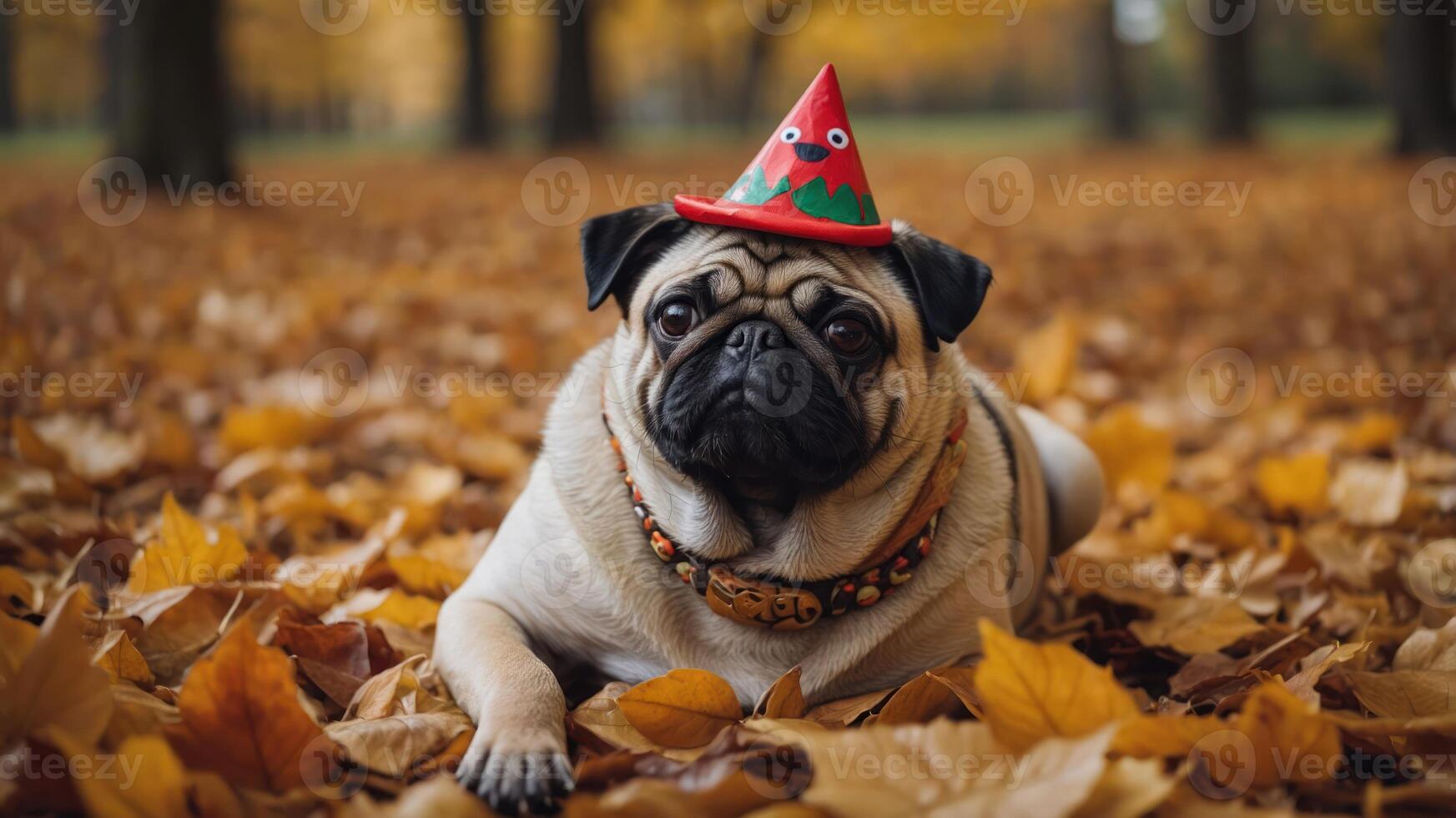 A pug wearing a festive hat relaxes among colorful autumn leaves. photo