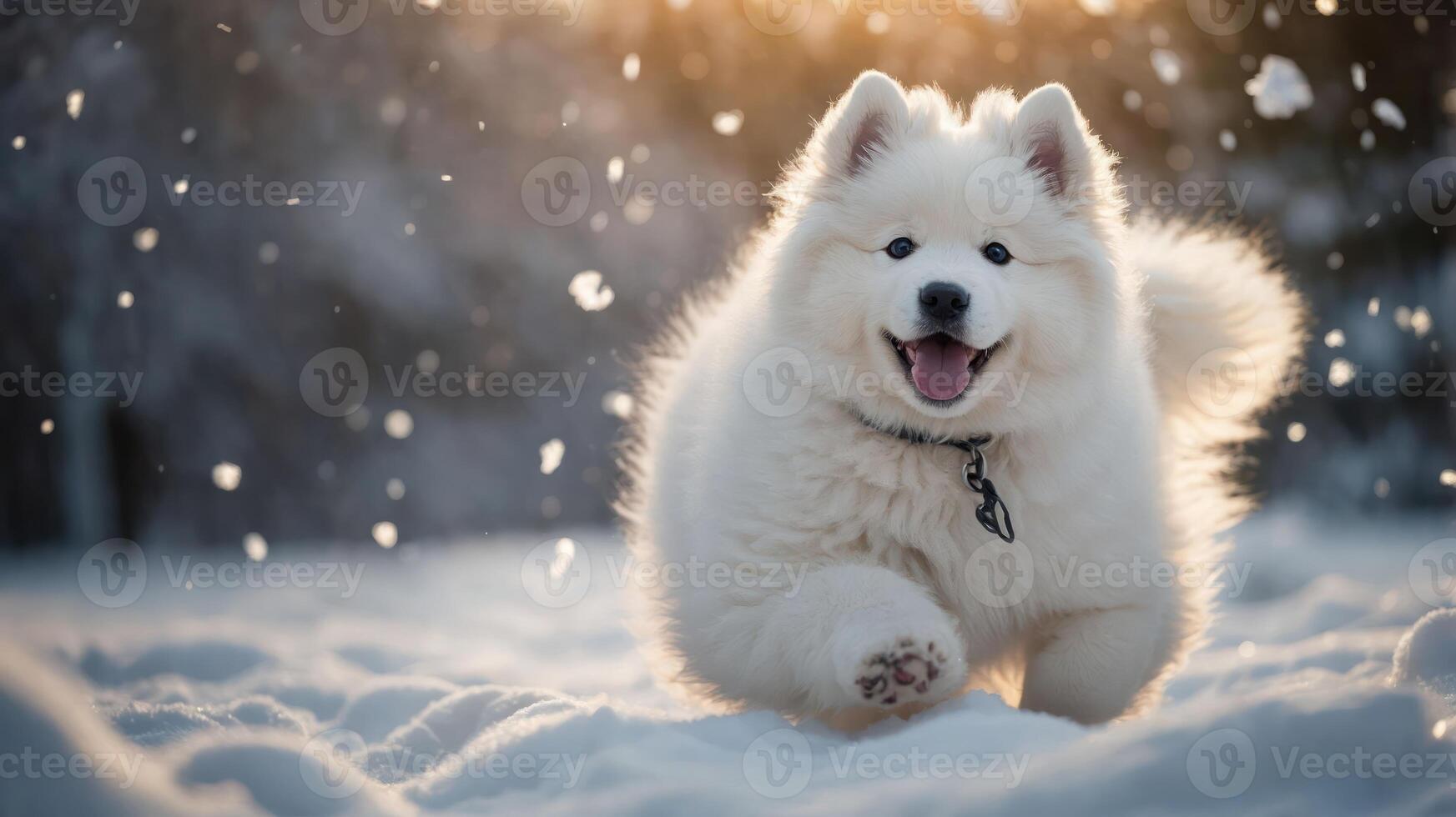 A joyful Samoyed puppy running through snowflakes in a winter landscape. photo