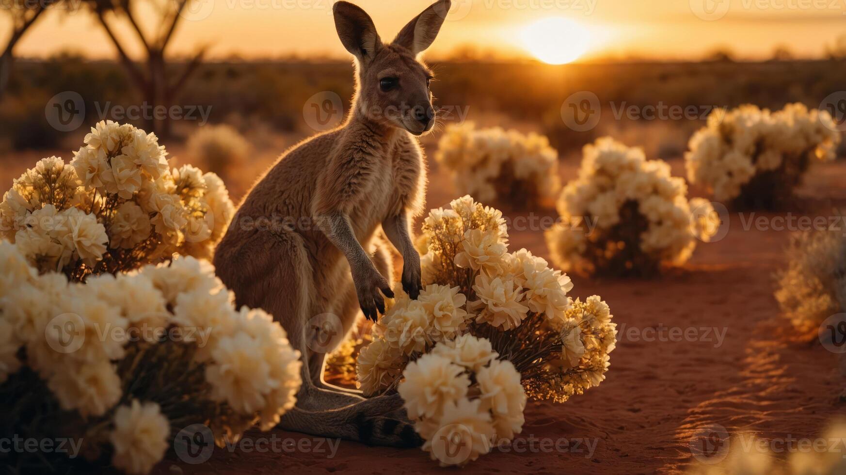 A kangaroo stands among white flowers at sunset in a serene landscape. photo