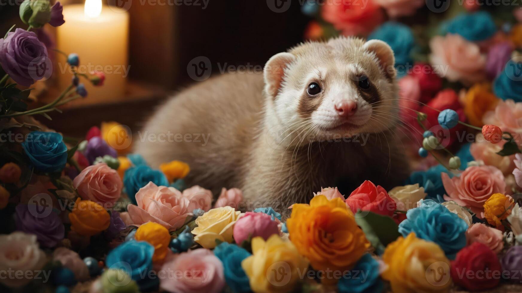 A ferret surrounded by colorful flowers and a candle, creating a serene atmosphere. photo