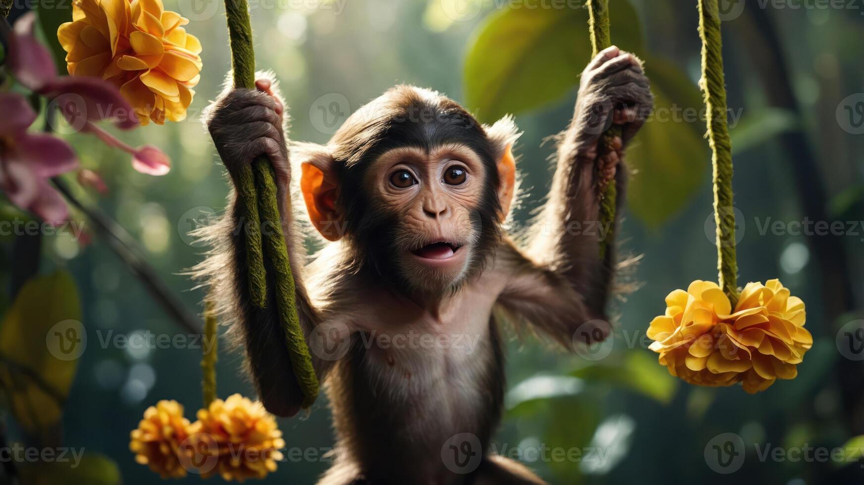 A playful monkey hangs from ropes amidst vibrant flowers in a lush, green environment. photo