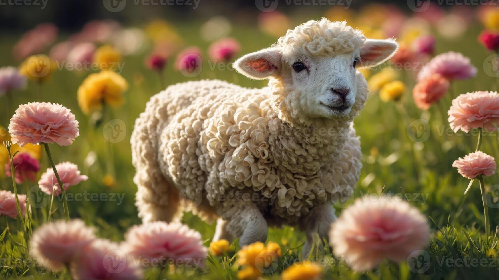 A fluffy lamb stands amidst colorful flowers in a vibrant meadow. photo