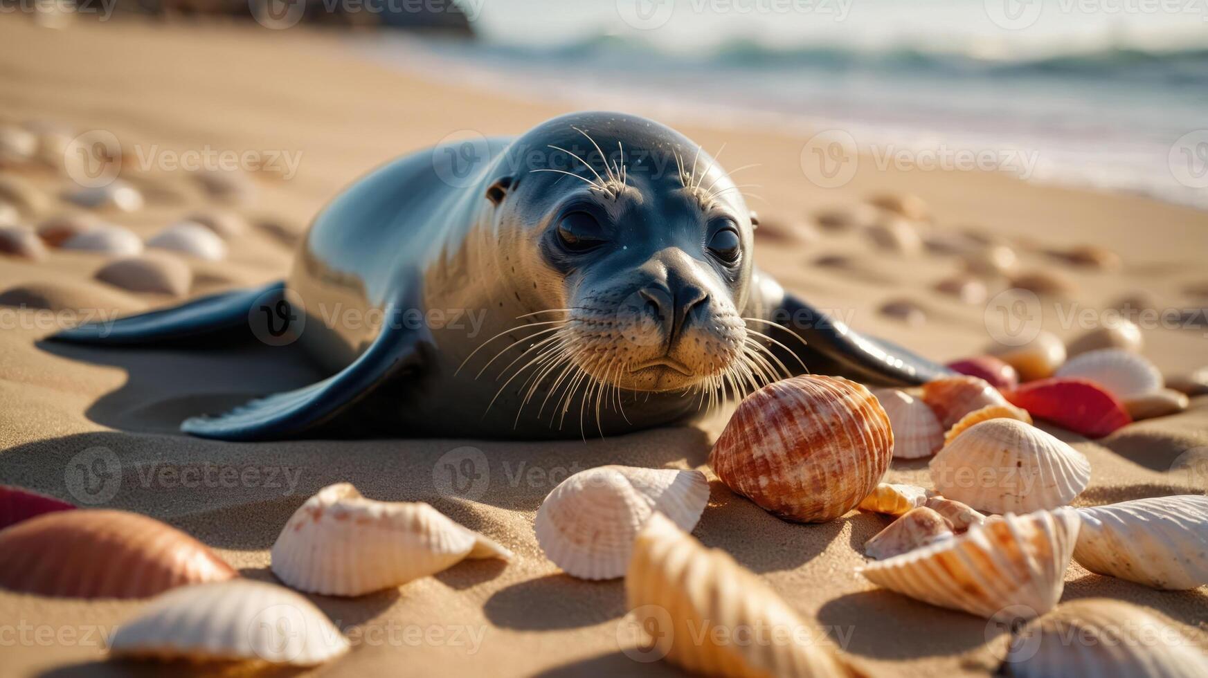 A seal resting on a sandy beach surrounded by colorful seashells. photo