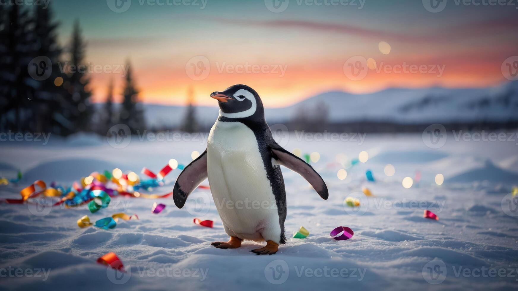 A penguin stands in a snowy landscape with colorful decorations against a sunset backdrop. photo