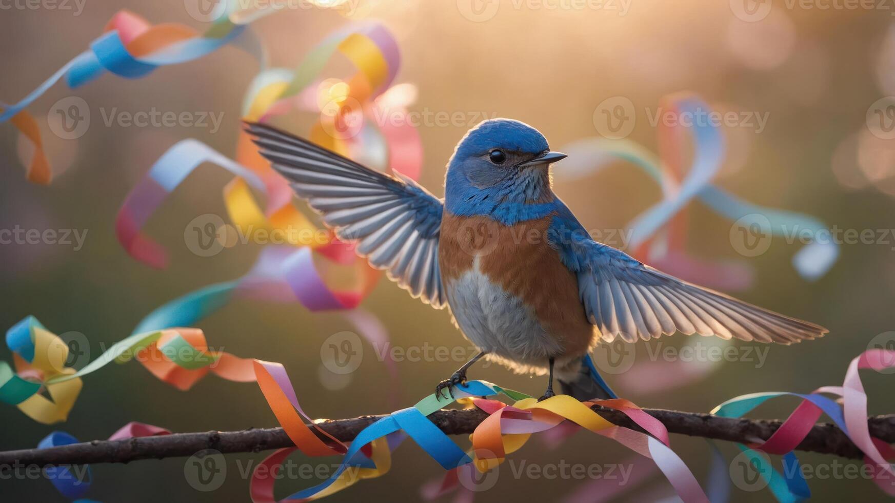 A colorful bluebird perched on a branch surrounded by festive ribbons in soft, warm light. photo