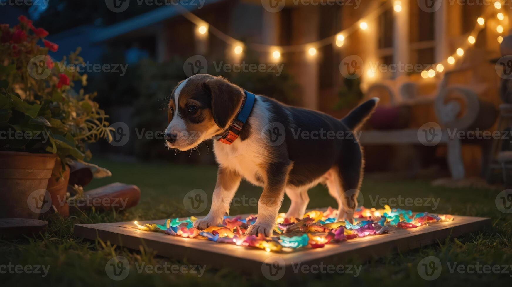A playful puppy stands on a lighted platform surrounded by colorful decorations at dusk. photo