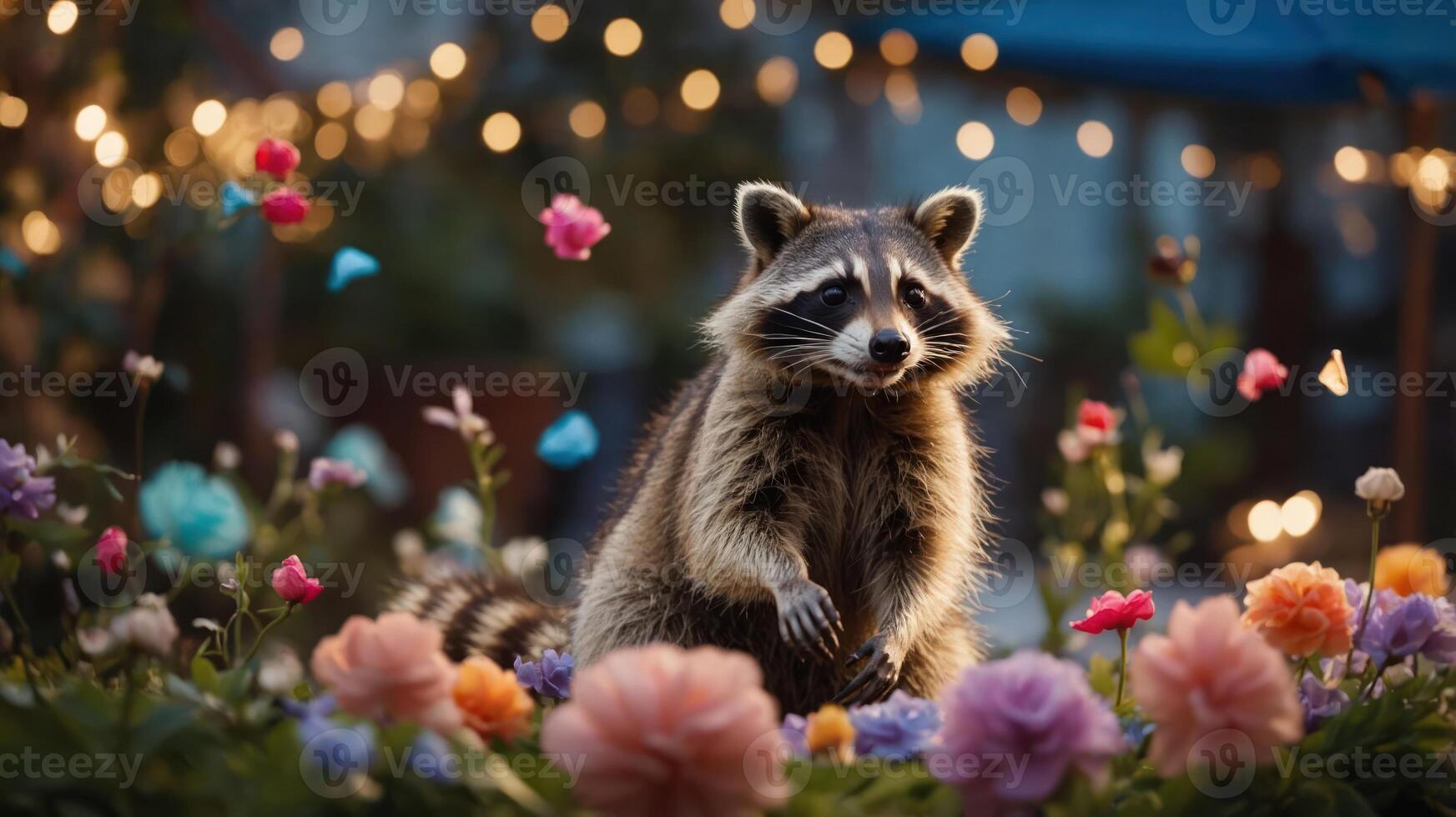 A raccoon amidst colorful flowers in a whimsical garden setting. photo
