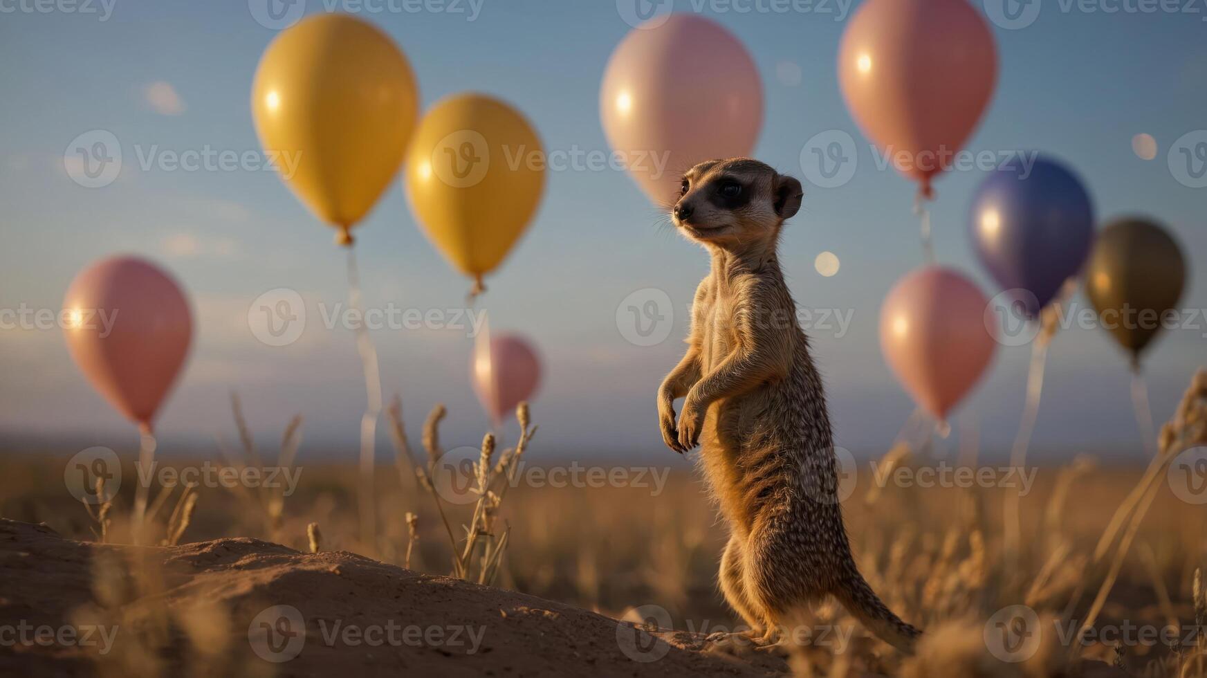 A meerkat stands in a desert landscape surrounded by colorful balloons at sunset. photo