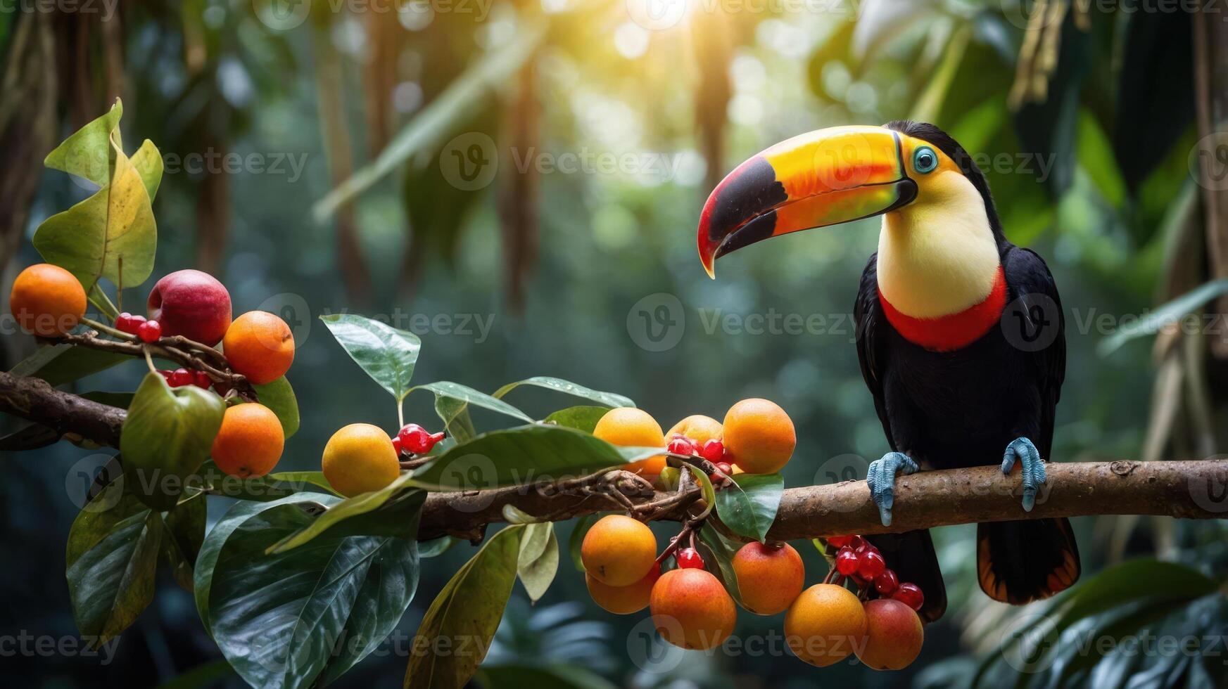 A colorful toucan perched on a branch surrounded by vibrant fruits in a lush forest setting. photo