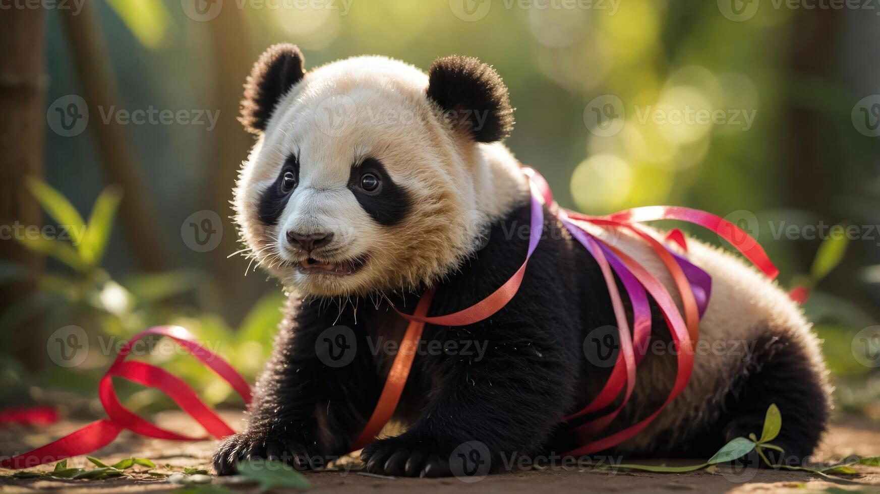 A playful panda cub adorned with colorful ribbons in a lush, natural setting. photo