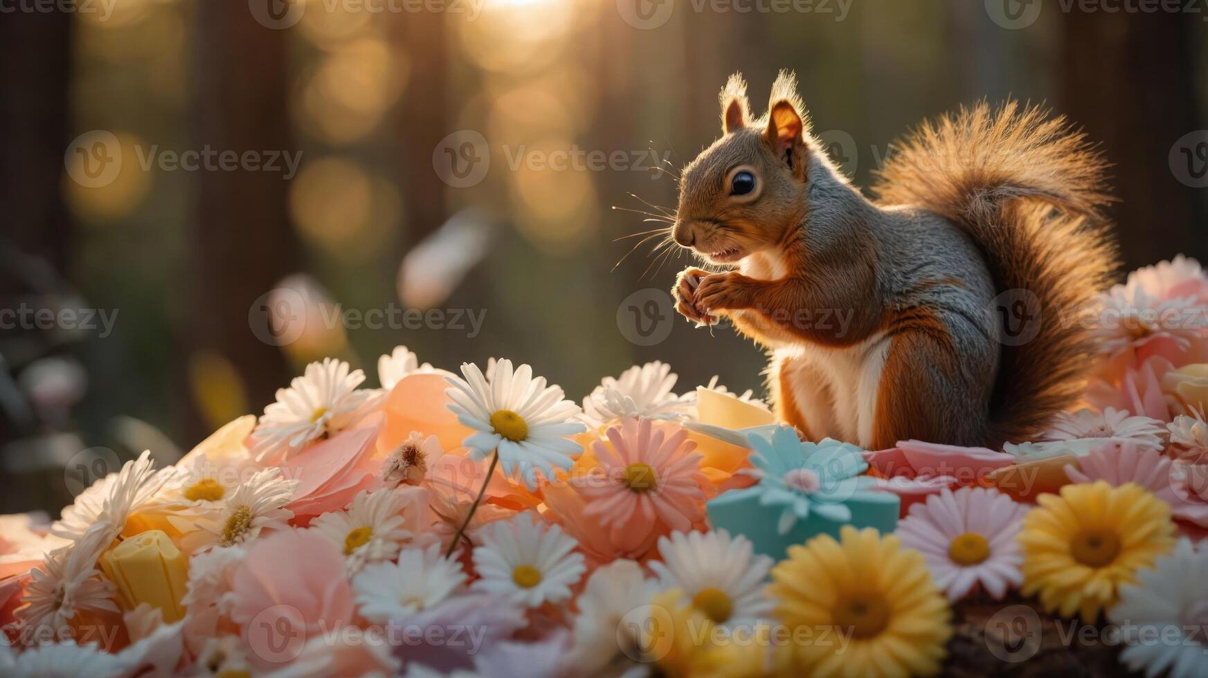 A squirrel among colorful flowers in a sunlit forest setting. photo