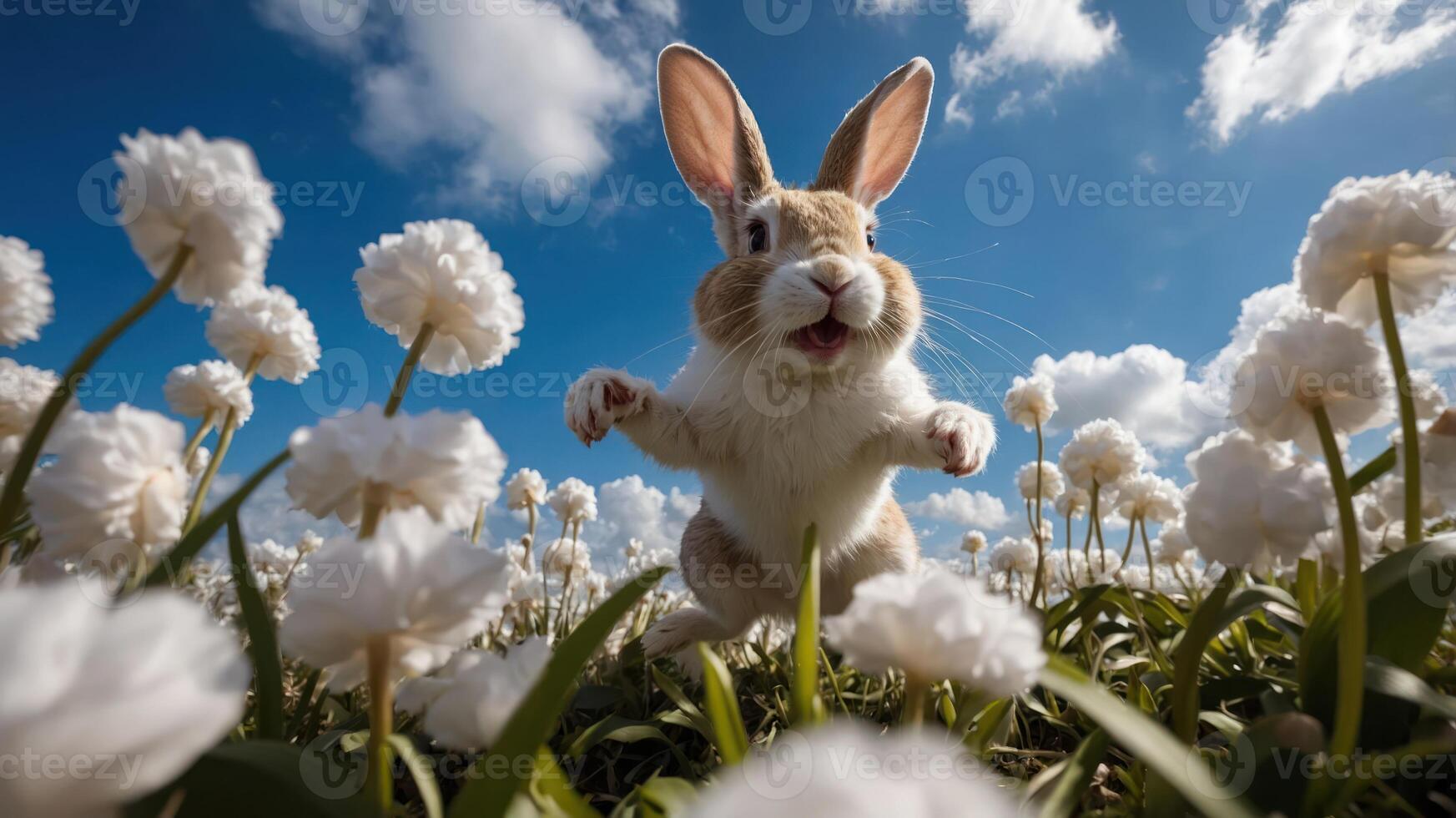 A playful rabbit jumps through a field of fluffy white flowers under a bright blue sky. photo