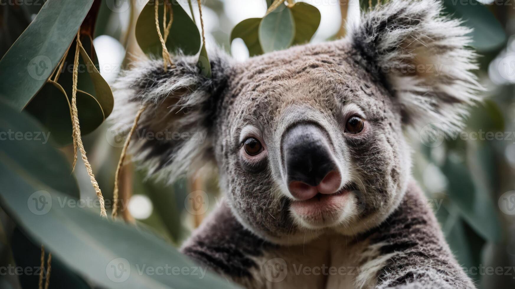 A close-up of a koala among eucalyptus leaves, showcasing its features and habitat. photo