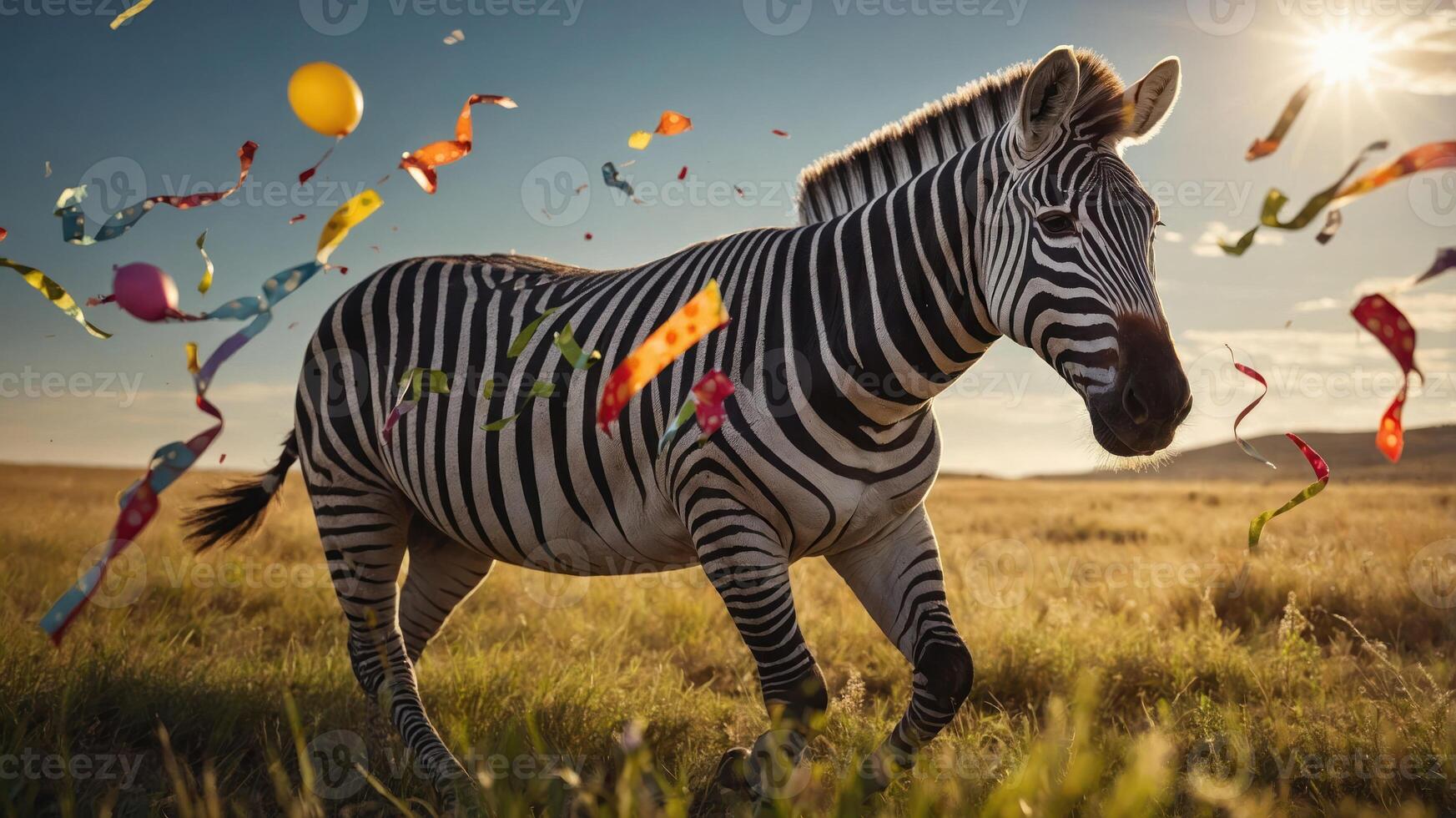A zebra playfully runs through a field, surrounded by colorful confetti and balloons. photo