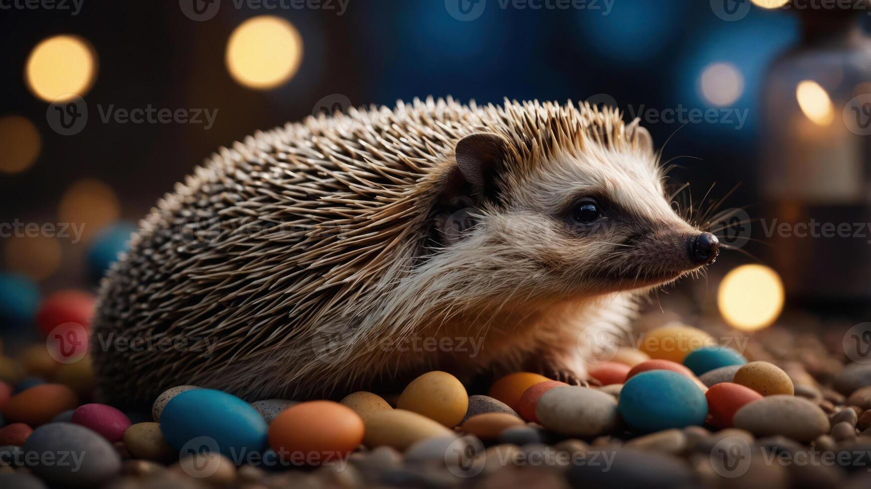 A hedgehog resting on colorful eggs, creating a whimsical and festive atmosphere. photo