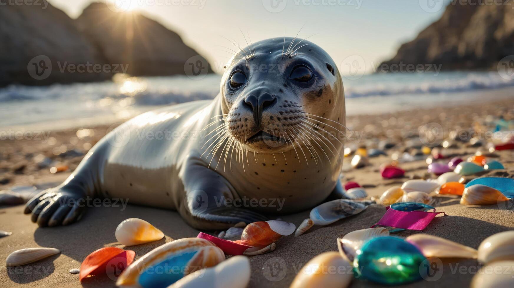 A seal resting on a beach adorned with colorful seashells and pebbles, illuminated by sunlight. photo