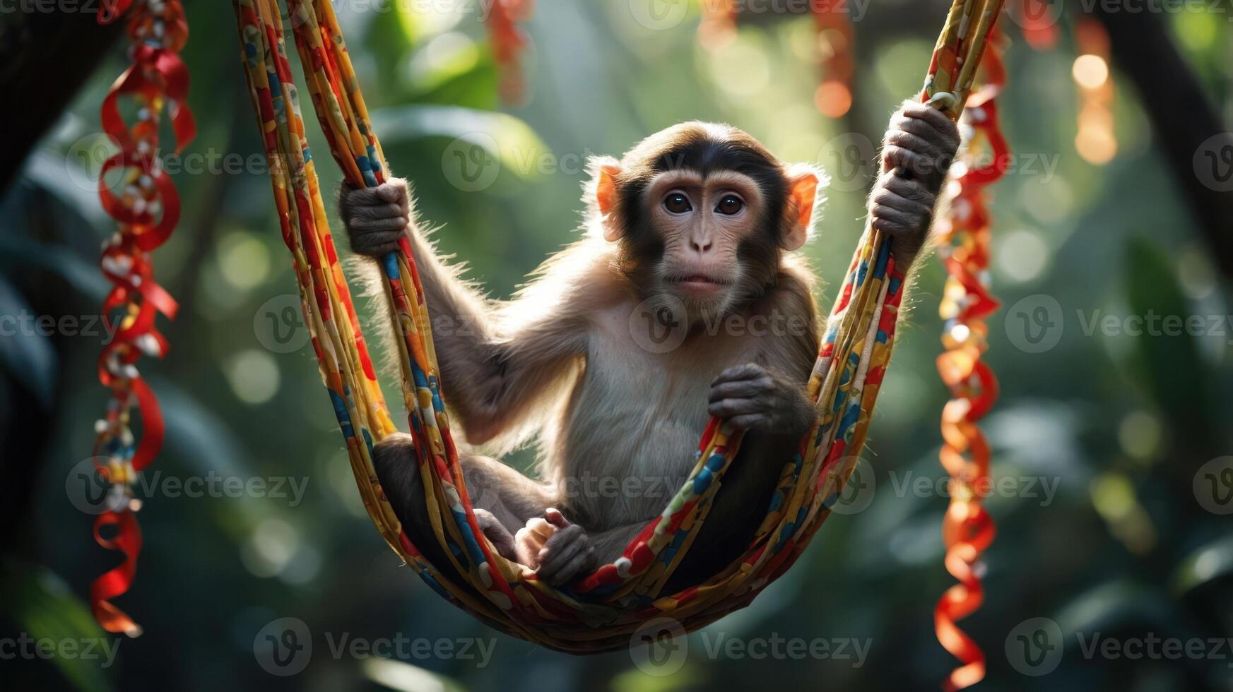 A young monkey relaxes in a colorful hammock amidst lush greenery. photo