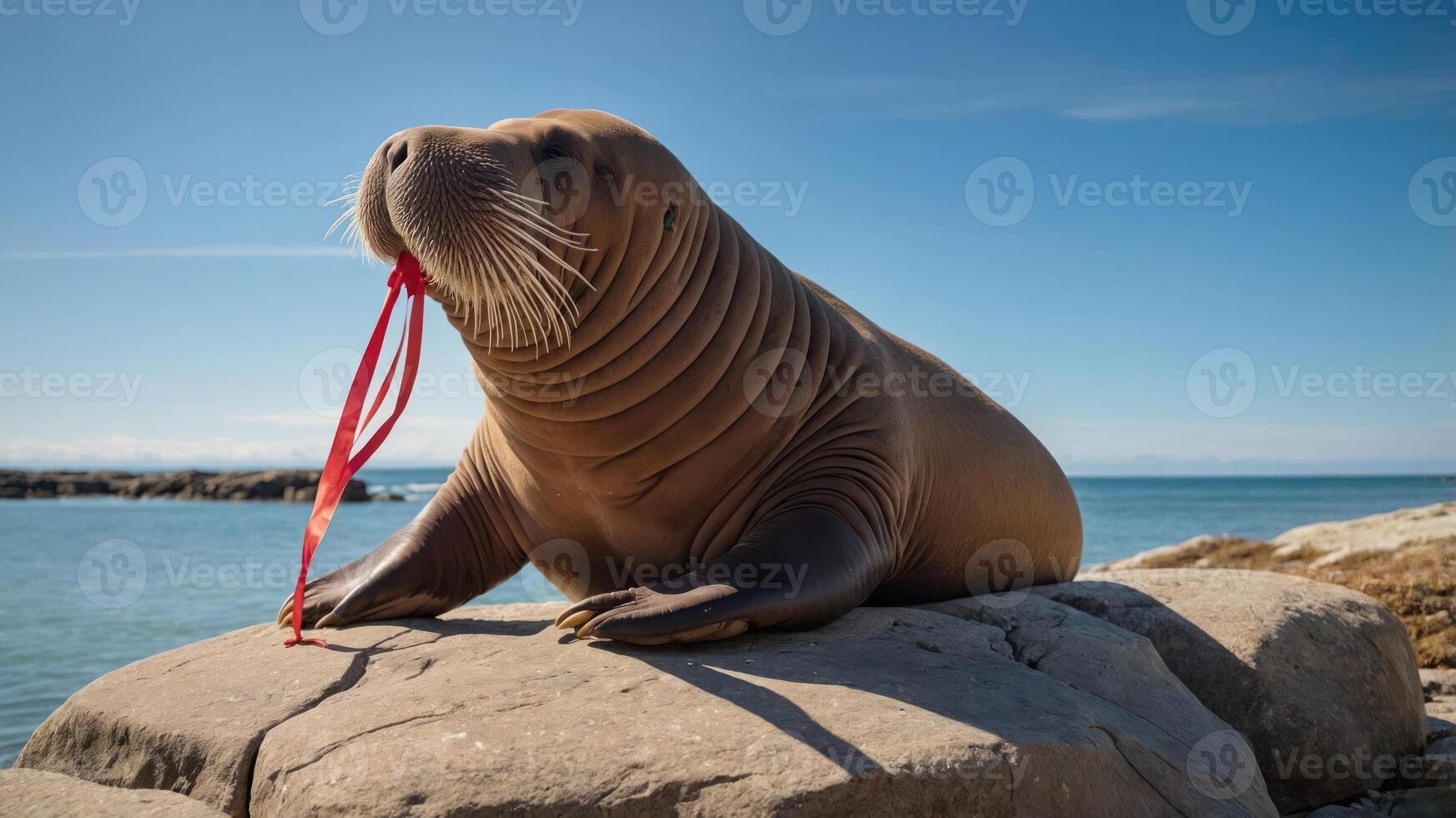 A seal rests on a rock by the water, playfully holding a red ribbon in its mouth. photo