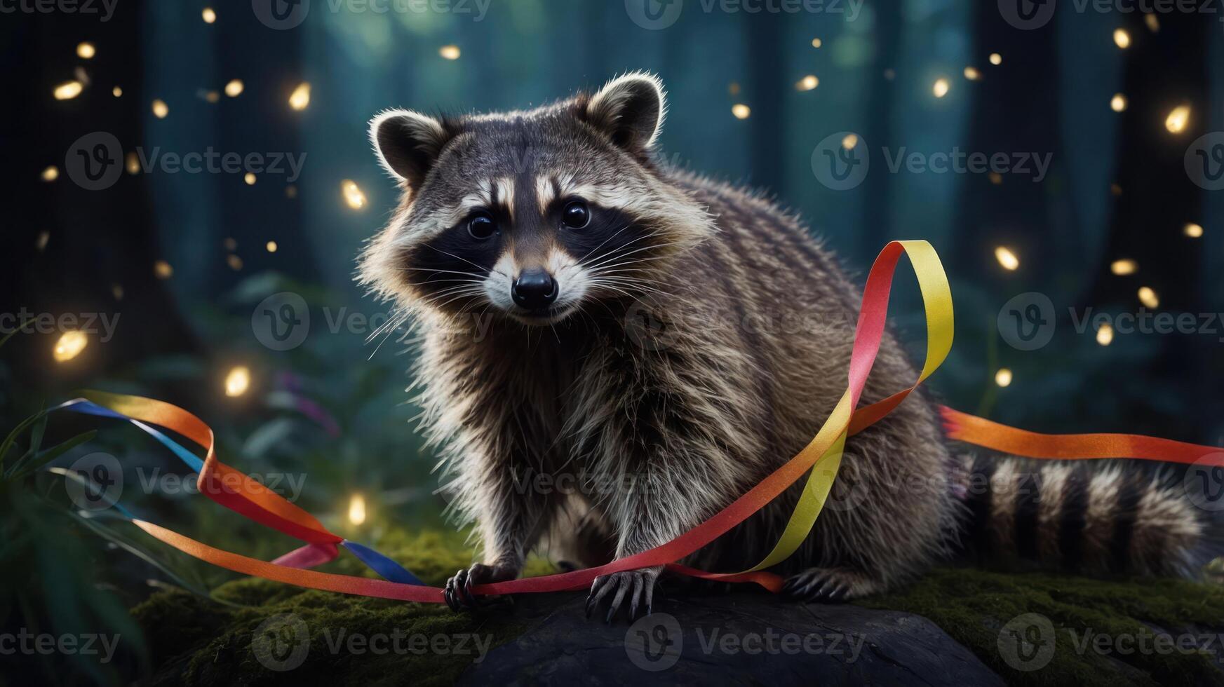 A raccoon sits on a mossy rock, adorned with colorful ribbons, in a magical forest setting. photo
