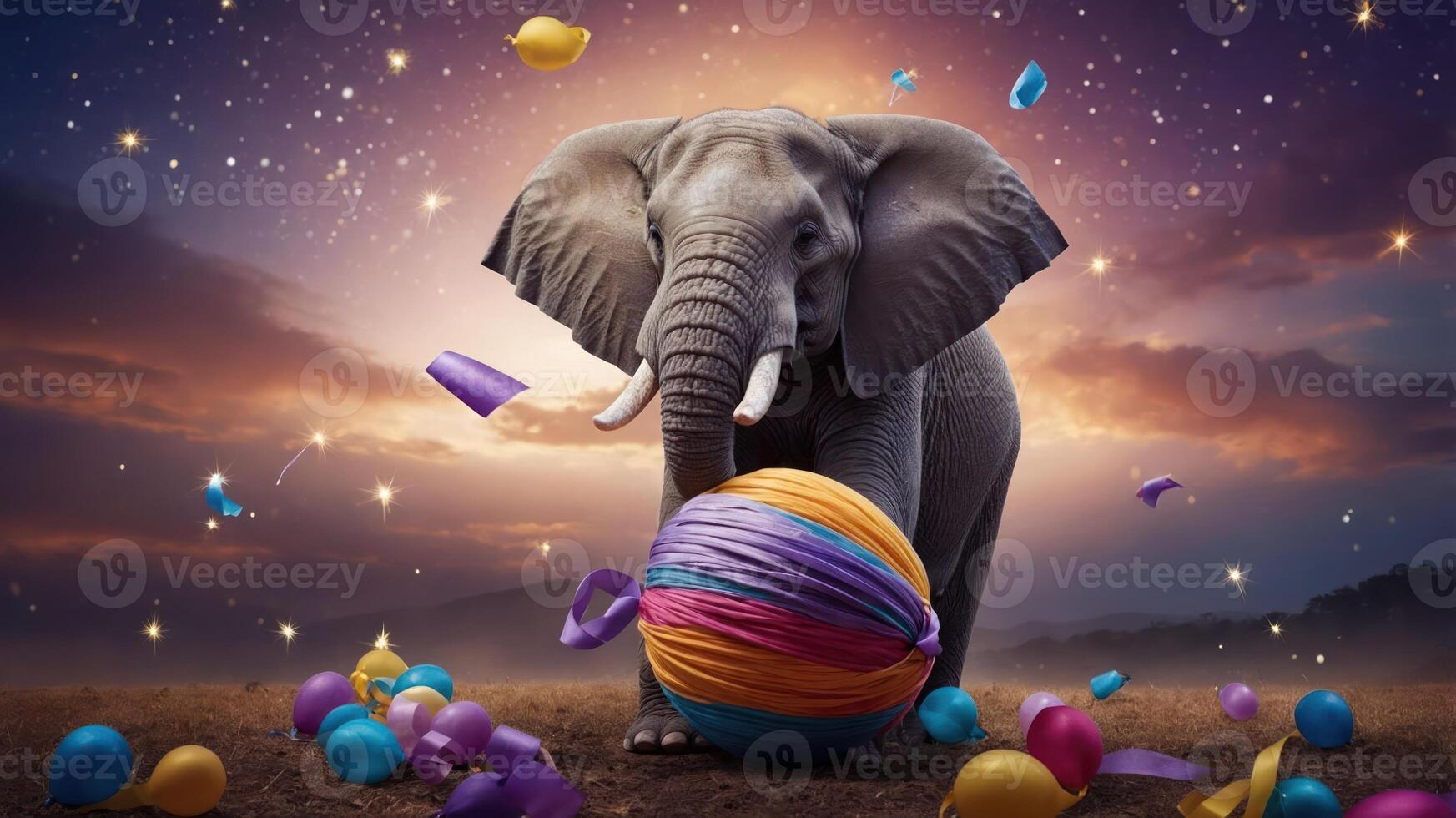 An elephant plays with a colorful ball amidst a whimsical, starry landscape. photo