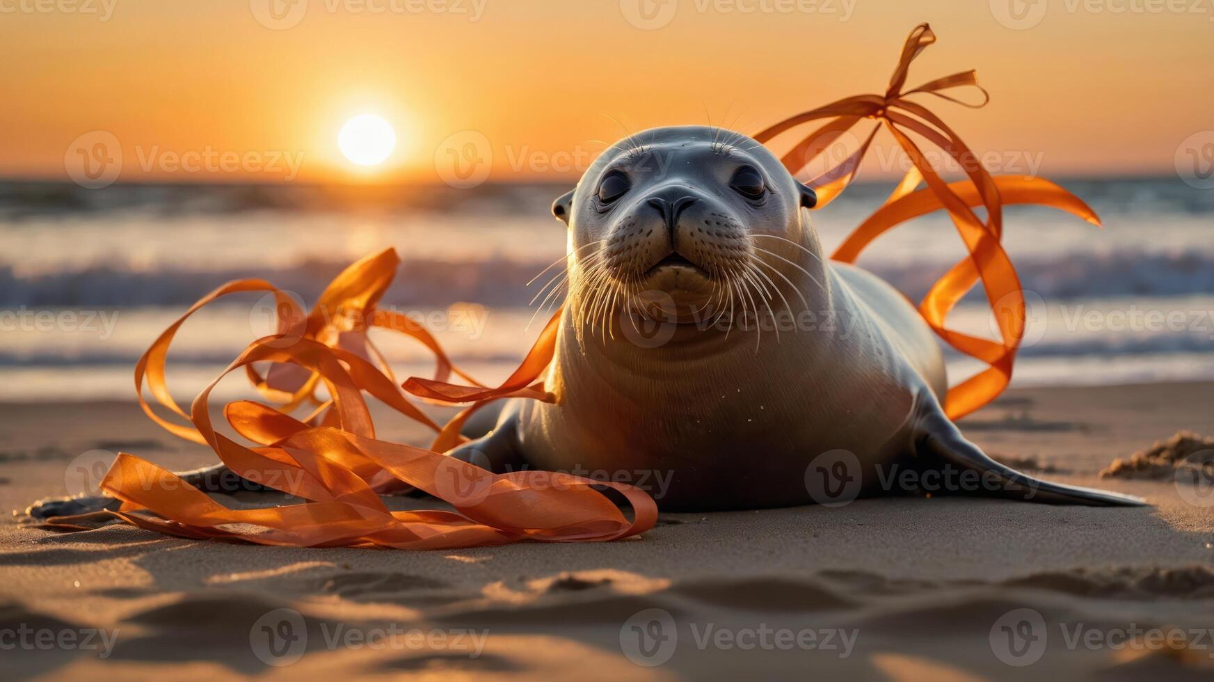 A seal adorned with orange ribbons rests on the beach at sunset. photo