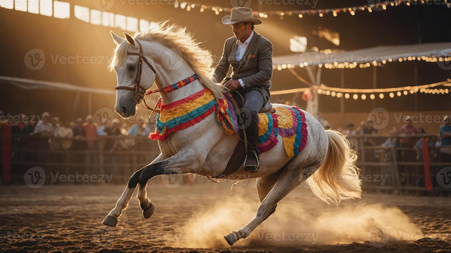 A rider in traditional attire showcases a decorated horse during a lively equestrian event. photo
