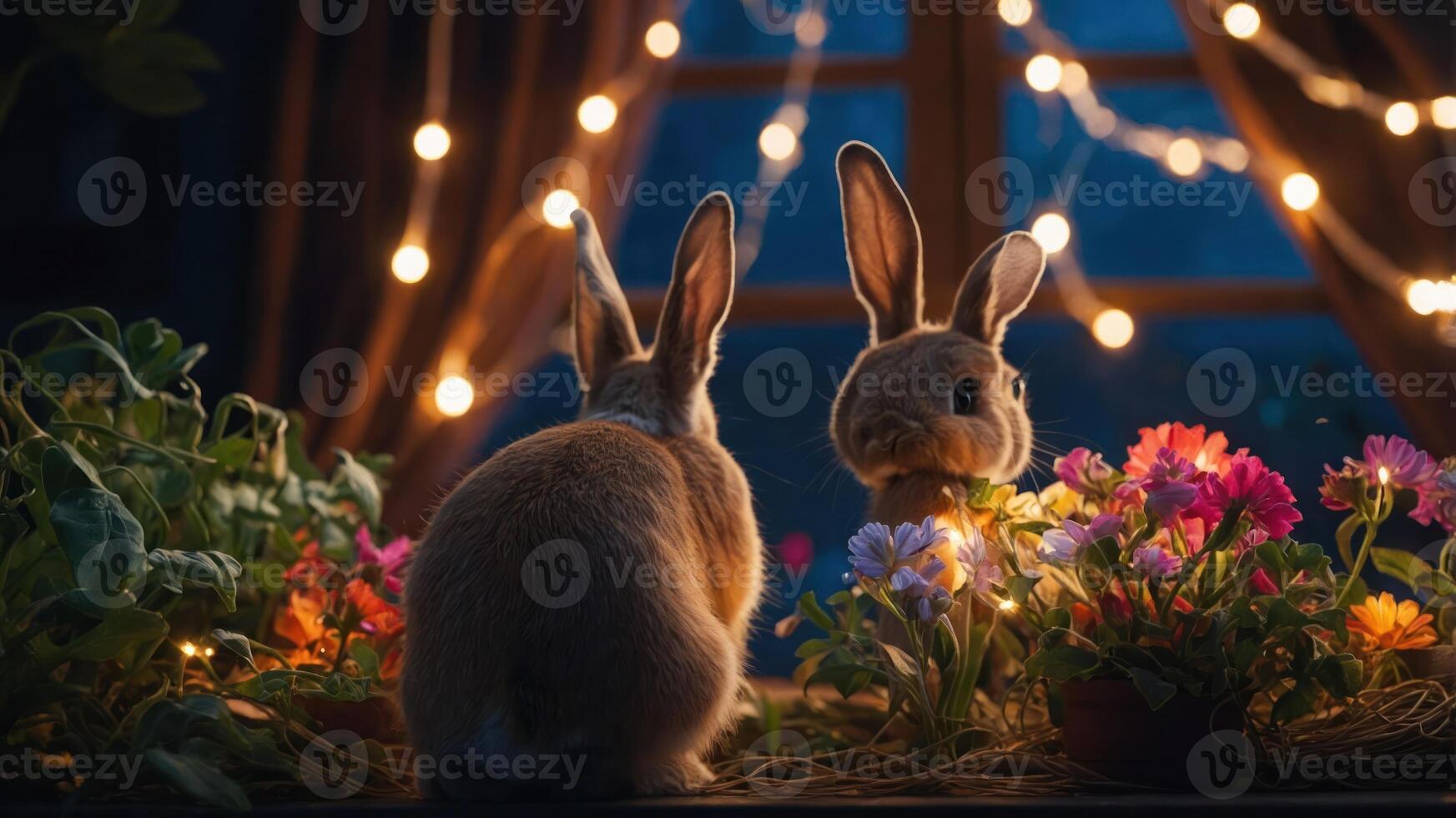 Two rabbits sit among colorful flowers and fairy lights by a window at night. photo