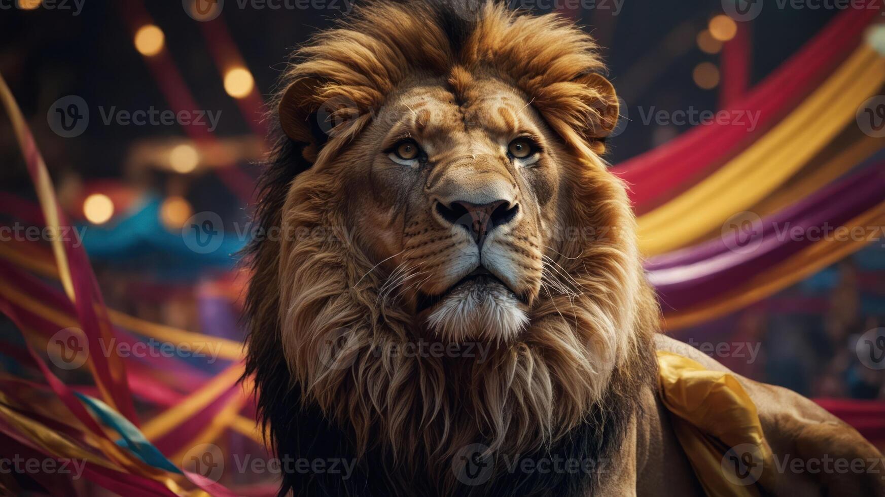 A majestic lion with a regal expression amidst colorful decorations. photo