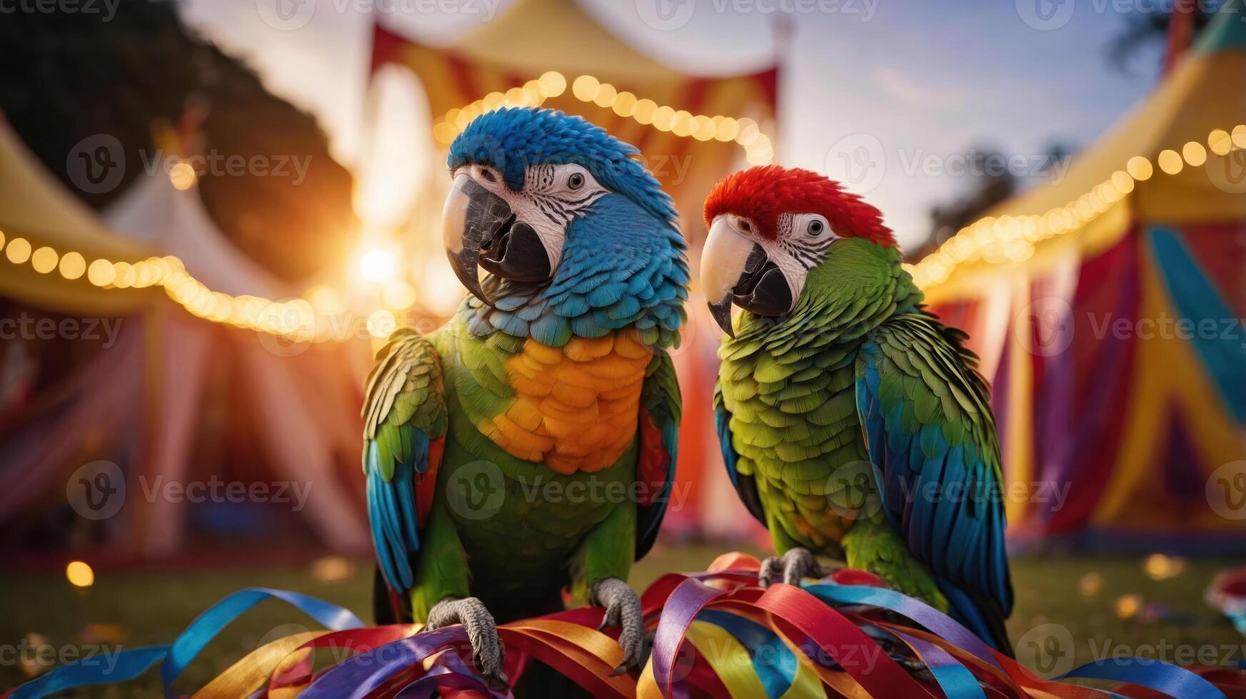 Two colorful parrots perched on ribbons in a festive outdoor setting. photo