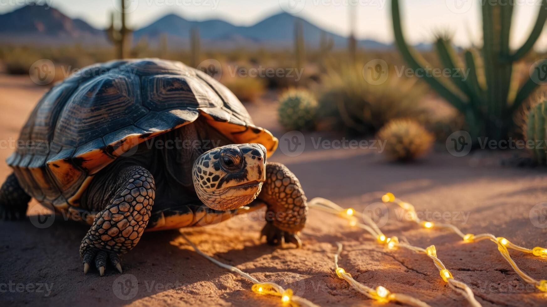 A turtle in a desert landscape, surrounded by cacti and decorative lights. photo