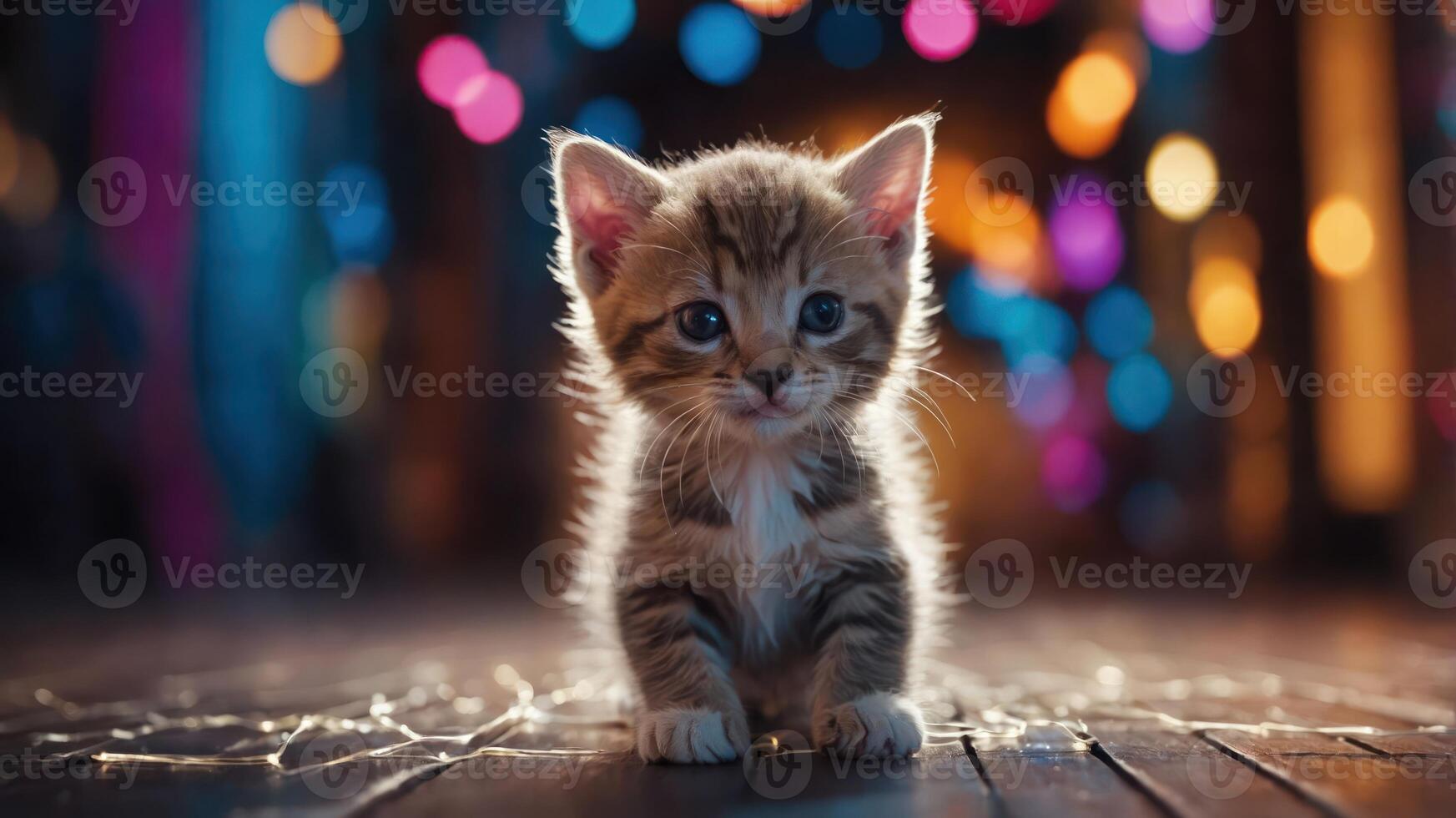 A cute kitten poses playfully against a colorful, blurred background of lights. photo